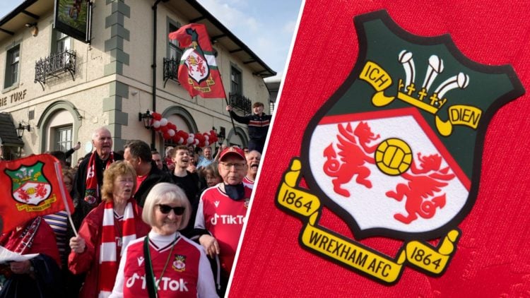 A split image of Wrexham fans celebrating promotion (L) and the Wrexham badge on a red shirt (R)