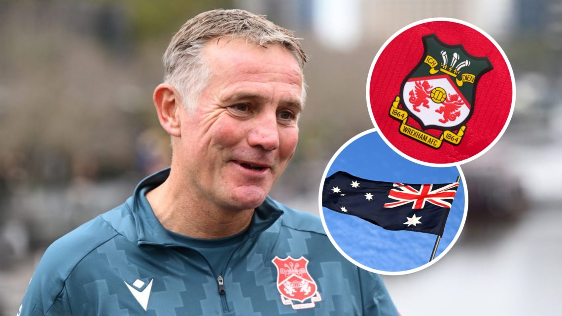 Wrexham manager Phil Parkinson. Inset, Wrexham badge and Australian flag.