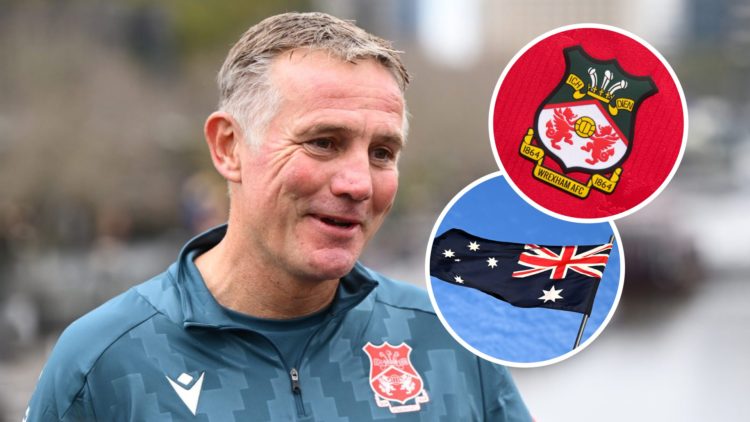 Wrexham manager Phil Parkinson. Inset, Wrexham badge and Australian flag.