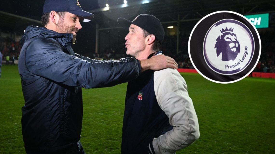 Ryan Reynolds and Rob McElhenney celebrate Wrexham's win over Boreham Wood in 2021. Inset, the Premier League logo.