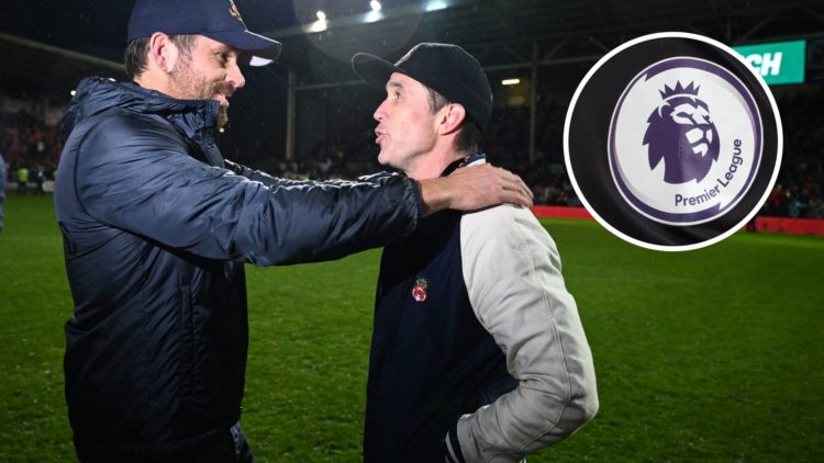 Ryan Reynolds and Rob McElhenney celebrate Wrexham's win over Boreham Wood in 2021. Inset, the Premier League logo.