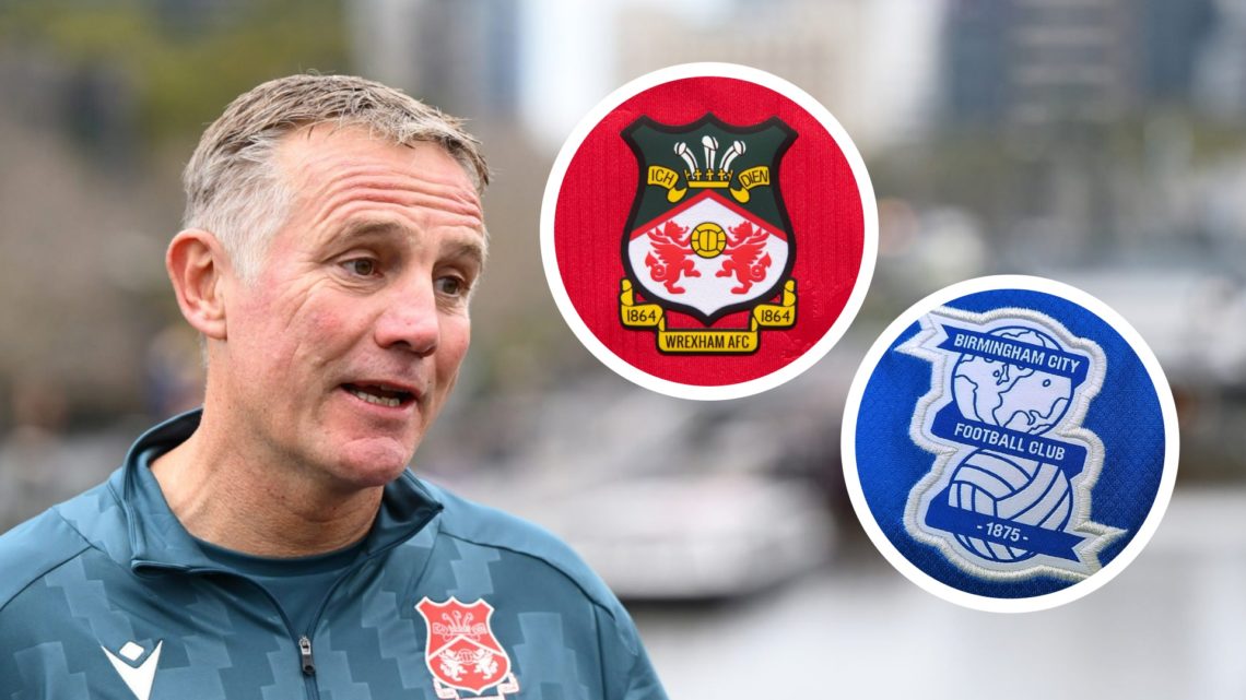 Wrexham manager Phil Parkinson speaks to the press. Inset, pictures of the official club badges of Wrexham and Birmingham City football clubs.
