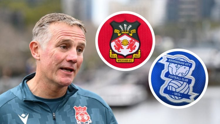 Wrexham manager Phil Parkinson speaks to the press. Inset, pictures of the official club badges of Wrexham and Birmingham City football clubs.