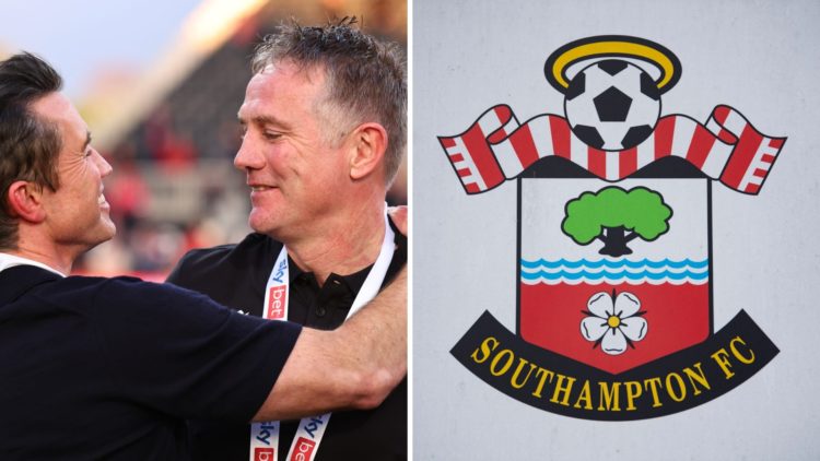 Rob McElhenney hugs Phil Parkinson during the Sky Bet League One match between Wrexham AFC and Charlton Athletic FC. The official club badge of Sou...