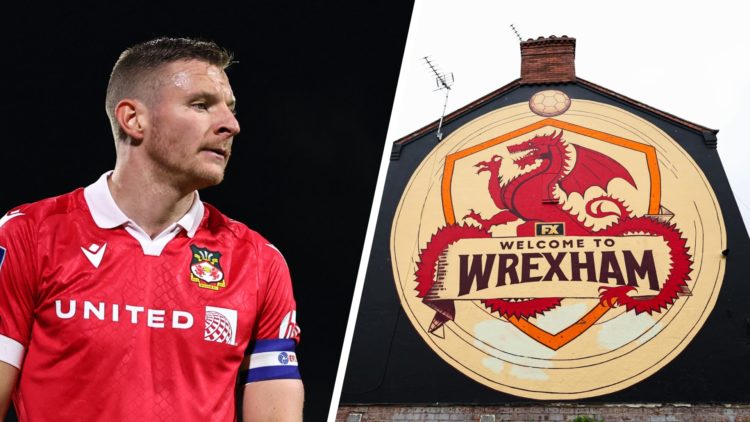Paul Mullin during Wrexham v Wolverhampton Wanderers U21 - Bristol Street Motors Trophy. A general view of a welcome to Wrexham football branded mu...