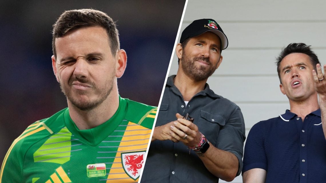A split image showing Wales goalkeeper Danny Ward (L) and Wrexham co-owners Ryan Reynolds and Rob McElhenney (R)