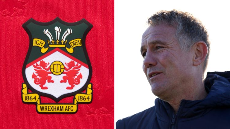 The official club badge of Wrexham AFC on a home shirt. Phil Parkinson speaks to the media during a Wrexham AFC media opportunity at La Trobe Fields