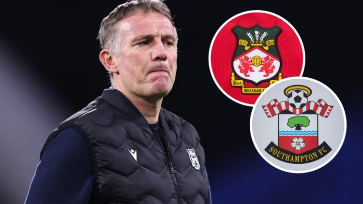Wrexham boss Phil Parkinson looks on against Huddersfield Town. Inset, badges of Wrexham and Southampton.