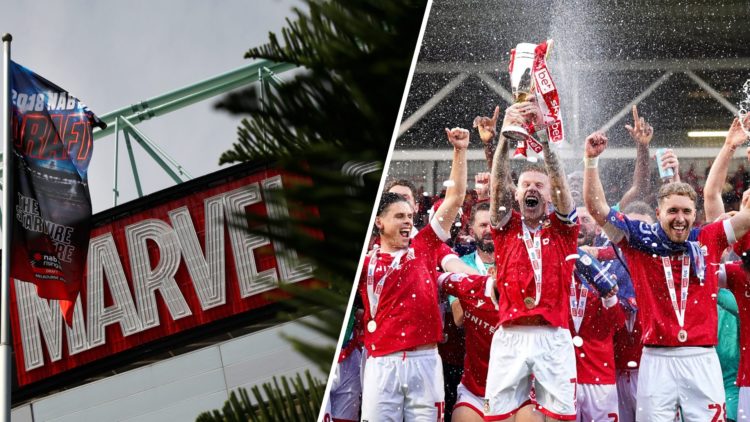 A split of the Marvel Stadium logo in Melbourne (L) and Wrexham players celebrating promotion to the Championship (R)
