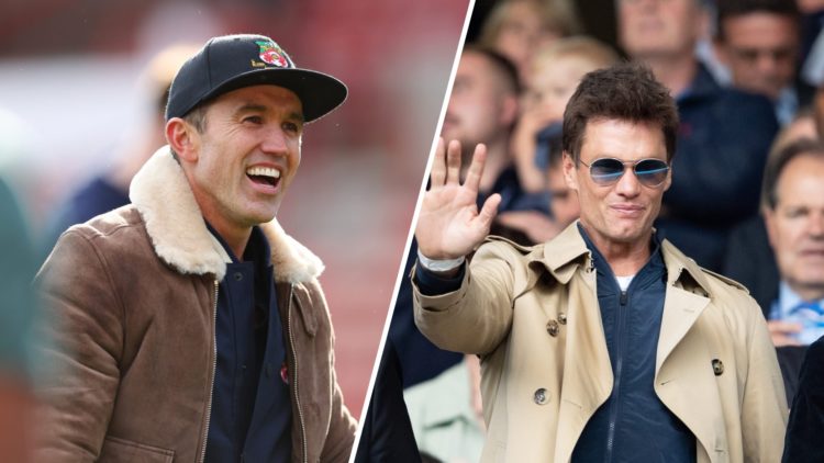 A split image of Wrexham's Rob McElhenney (L) and Tom Brady attending a Birmingham City match (R)