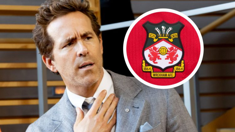 Wrexham co-owner Ryan Reynolds on set, inset a picture of the official club badge of Wrexham AFC.