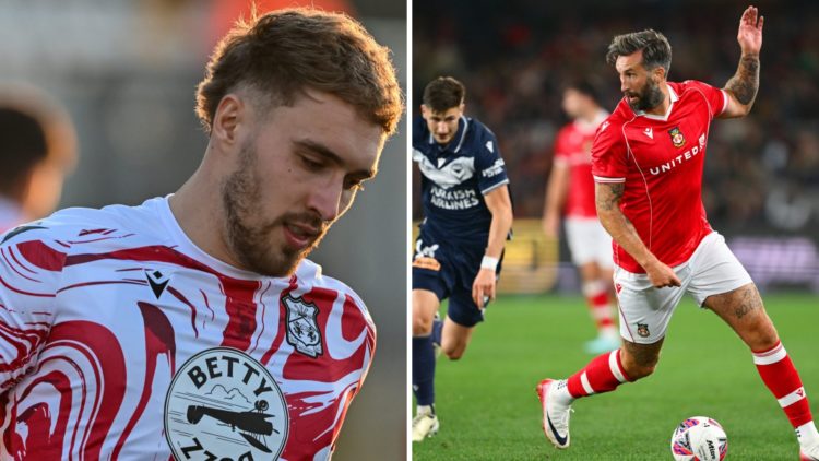 Sam Smith in action during Cambridge United v Wrexham in the Sky Bet League One clash. Ollie Palmer controls the ball during the match between Melb...