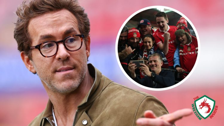 Wrexham co-owner Ryan Reynolds points into the distance. Inset a picture of Wrexham manager Phil Parkinson taking a selfie with the fans.