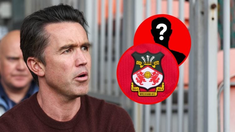Rob McElhenney watches Blackpool vs Wrexham AFC - Sky Bet League One. The official club badge of Wrexham AFC on a home shirt.