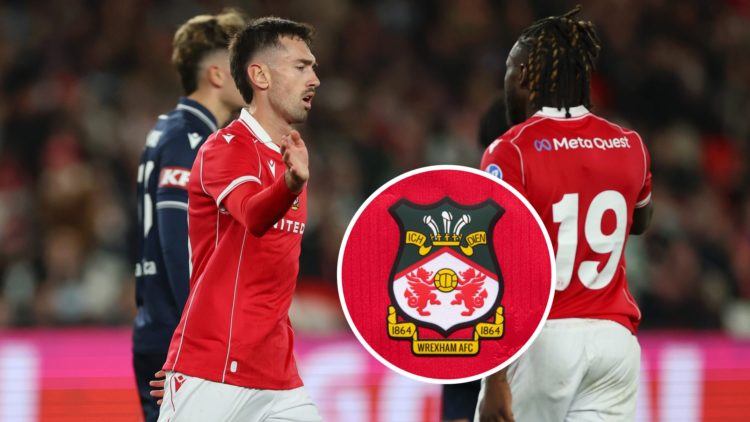 Wrexham's new signing Ryan Hardie celebrates a goal. Inset, Wrexham badge.