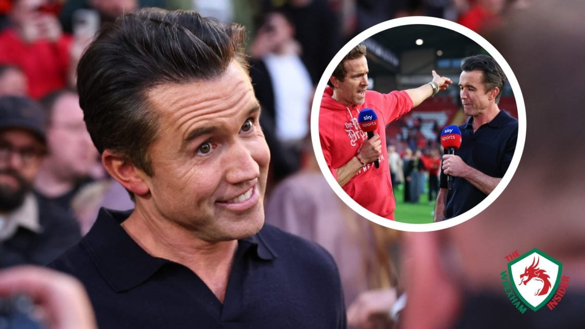 Wrexham co-owner Rob Mac celebrates promotion to the Championship. Inset, Rob Mac and Ryan Reynolds speak about Wrexham on Sky Sports.