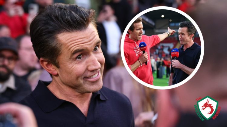 Wrexham co-owner Rob Mac celebrates promotion to the Championship. Inset, Rob Mac and Ryan Reynolds speak about Wrexham on Sky Sports.