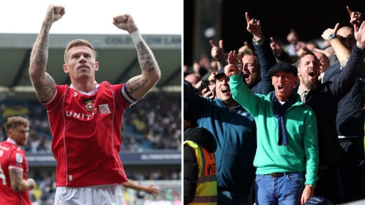 James McClean of Wrexham celebrating the second goal (left), Millwall fans chanting during the Emirates FA Cup Fifth Round match between Crystal Pa...