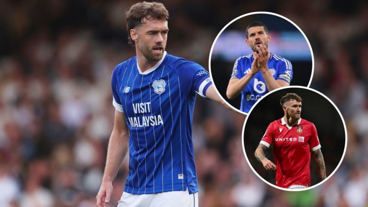 Image of Calum Chambers of Cardiff City reacts during the Sky Bet League One match between Port Vale and Cardiff City, insets of Leicester City's C...