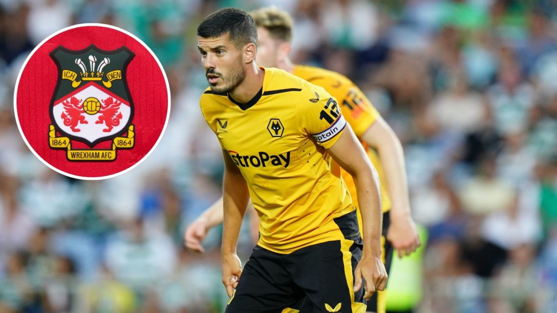 Image of Conor Coady in action during Wolverhampton Wanderers v Sporting CP in the Pre-Season Friendly clash, inset of The official club badge of W...