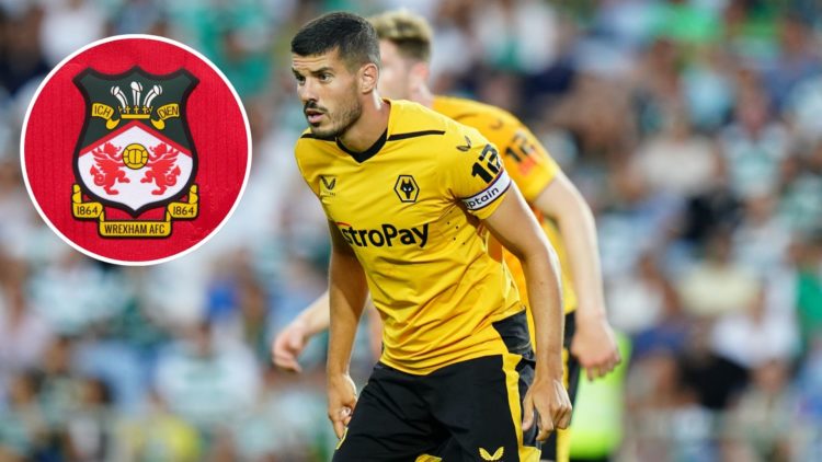 Image of Conor Coady in action during Wolverhampton Wanderers v Sporting CP in the Pre-Season Friendly clash, inset of The official club badge of W...