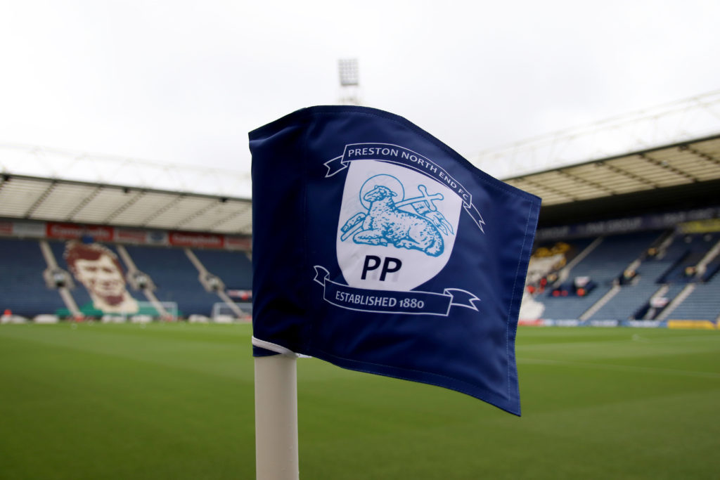 Preston North End badge on a corner flag at Deepdale
