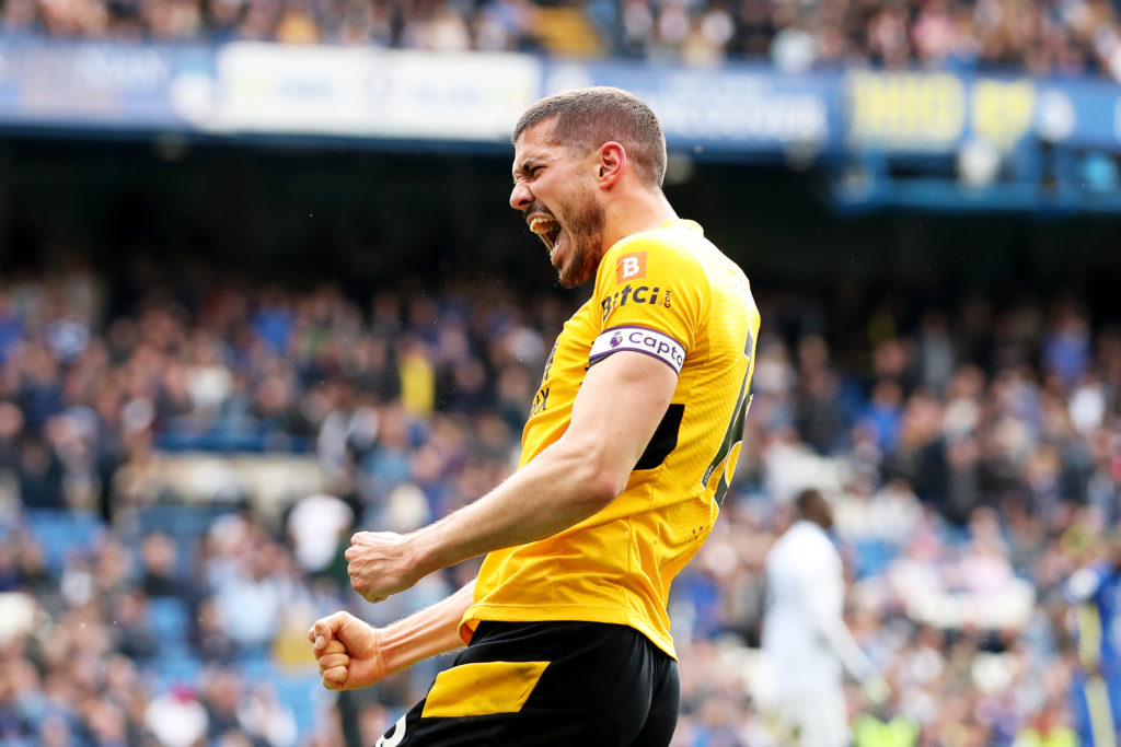 Conor Coady celebrates during Chelsea v Wolverhampton Wanderers in the Premier League clash.