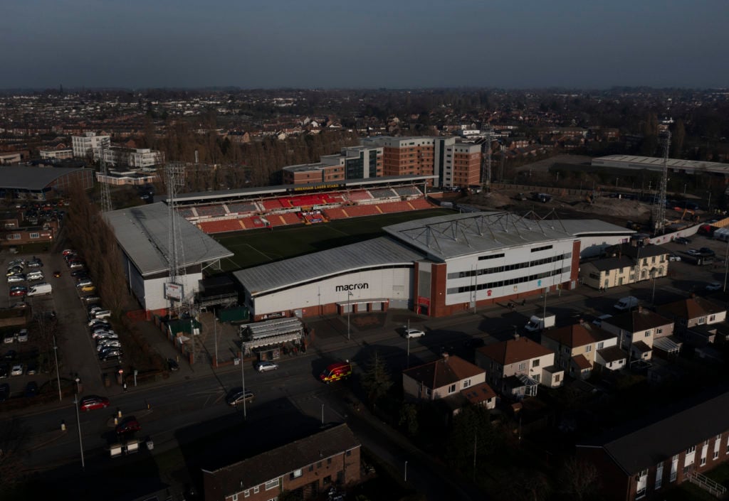 An aerial view of The Racecourse football stadium, home of Wrexham FC