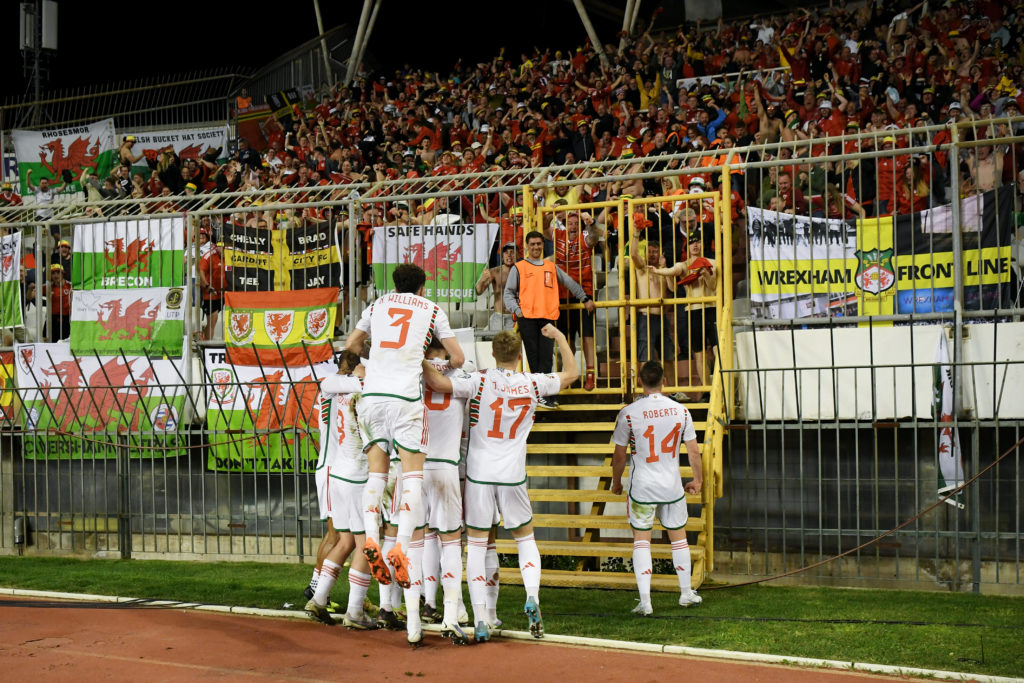 Nathan Broadhead of Wales celebrates