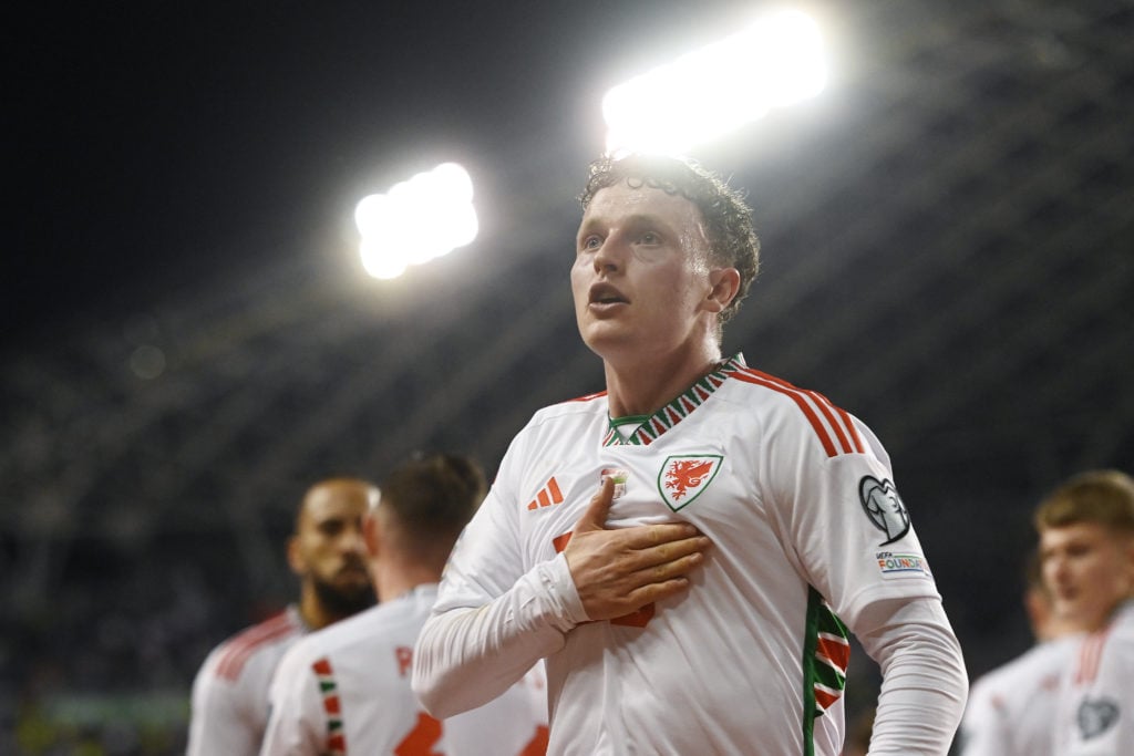 Nathan Broadhead of Wales celebrates