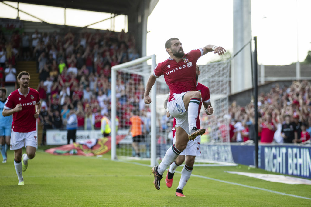Elliot Lee of Wrexham AFC celebrates scoring