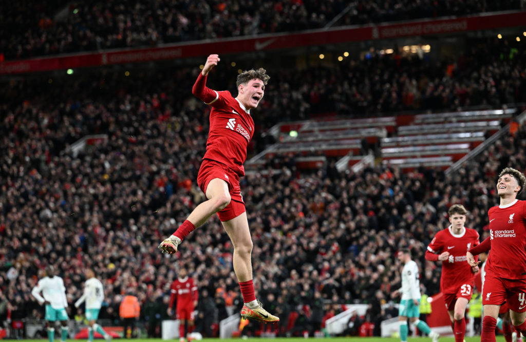 Lewis Koumas of Liverpool celebrates