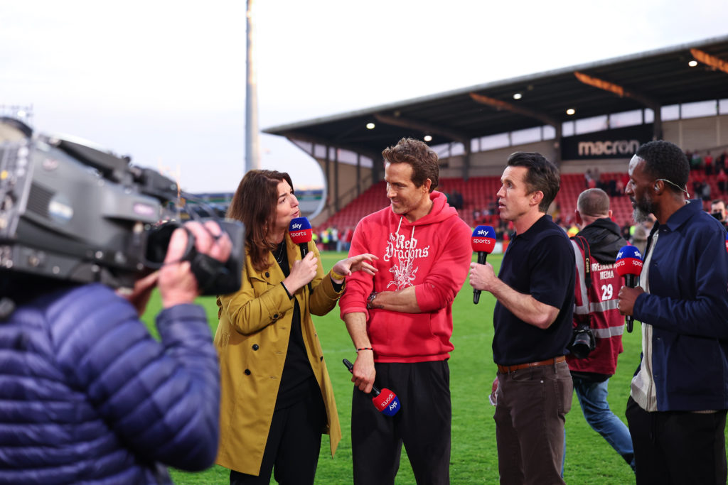 Ryan Reynolds and Rob McElhenney co owners of Wrexham are interviewed by Sky Sports