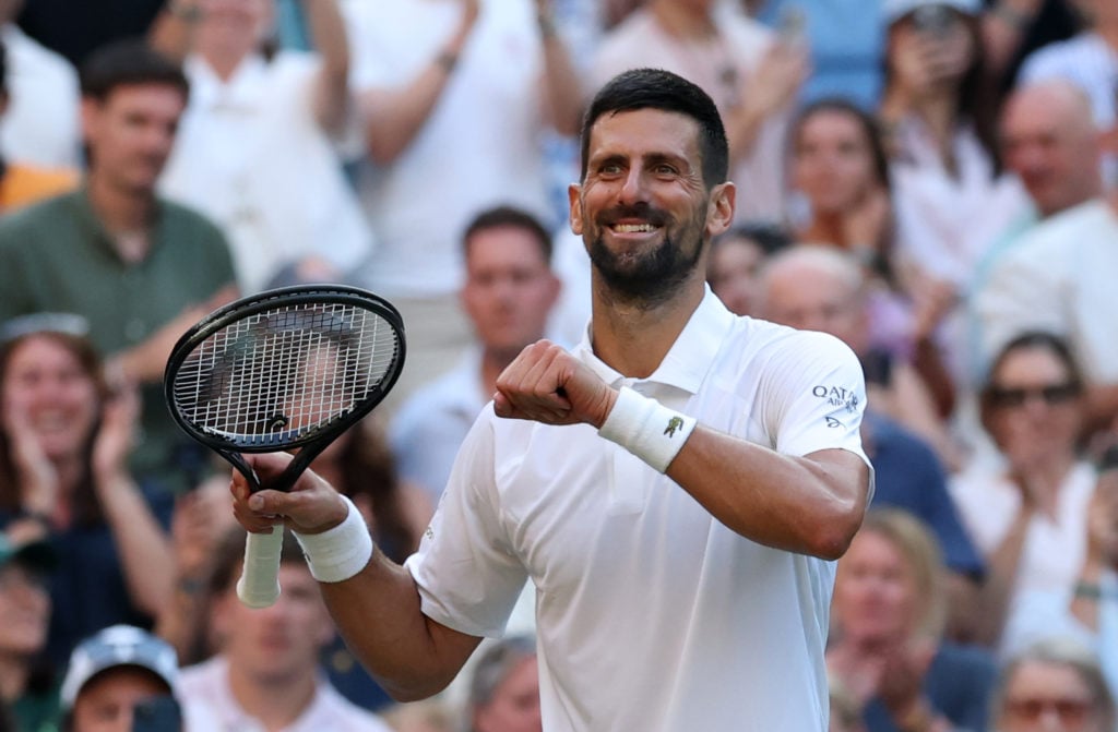 Novak Djokovic of Serbia celebrates winning match point Flavio Cobolli of Italy during the Gentlemen's Singles quarter-final match on day ten of The Championships Wimbledon 2025