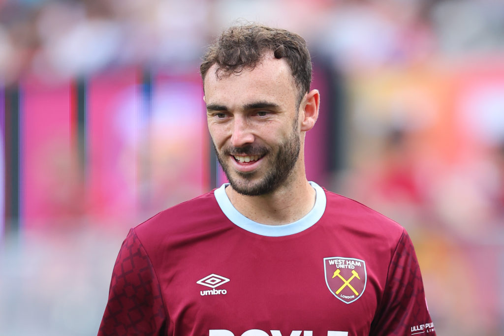 Andy Irving warms up for West Ham United before facing Manchester United