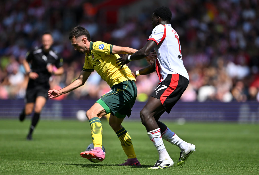 Ryan Hardie is challenged by Joshua Quarshie of Southampton
