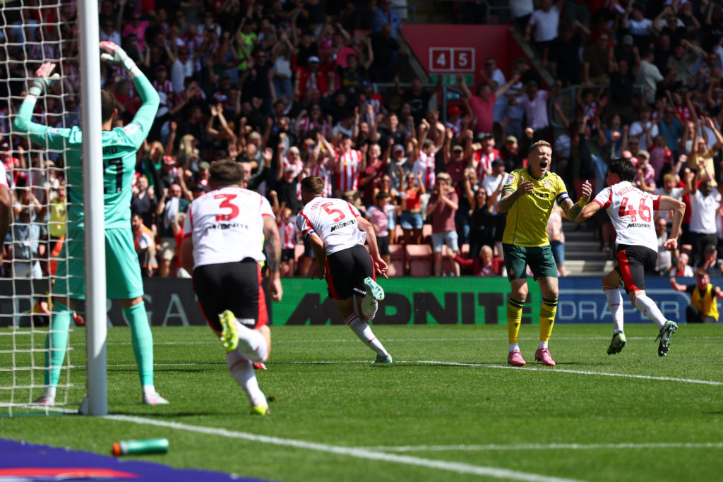 James McClean(R) of Wrexham reacts after Jack Stephens(5) of Southampton scores