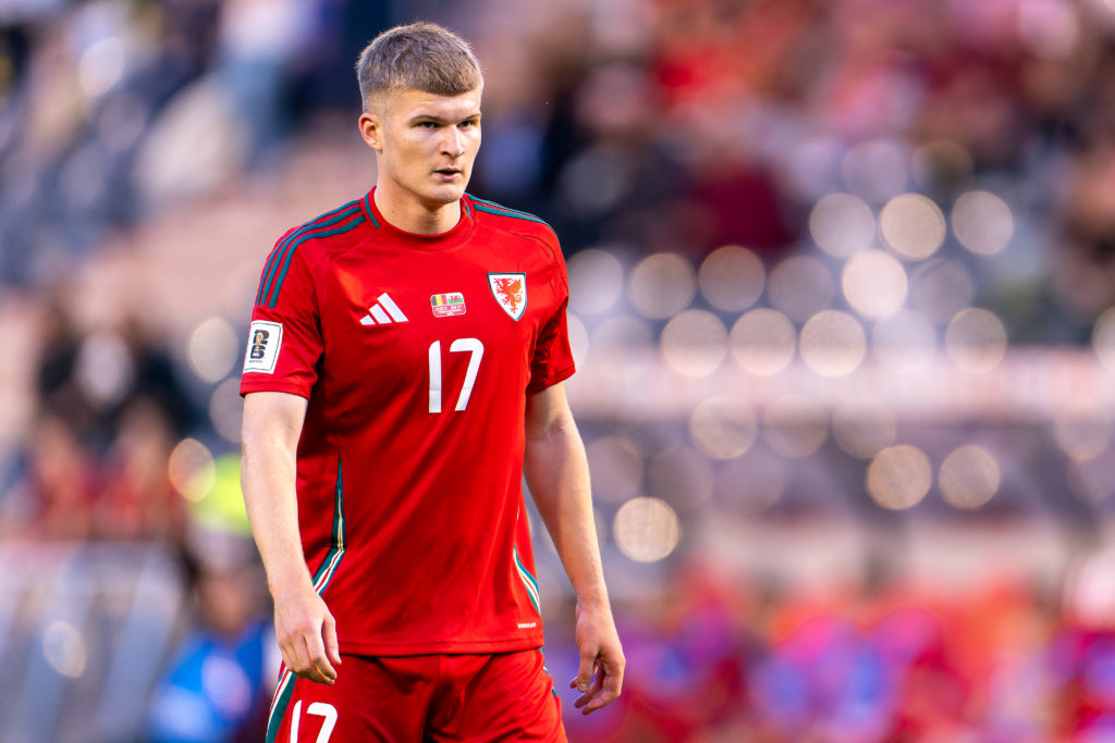Jordan James in action for Wales against Belgium.