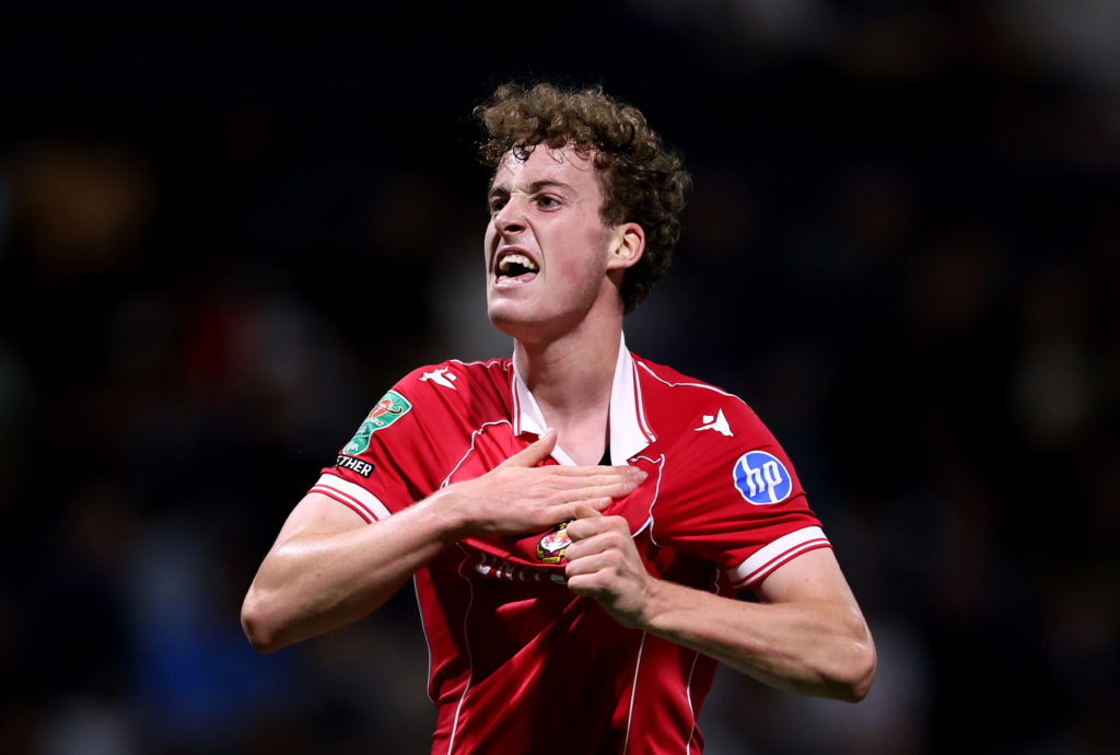 Harry Ashfield celebrates scoring during Preston North End v Wrexham in the Carabao Cup Second Round clash.