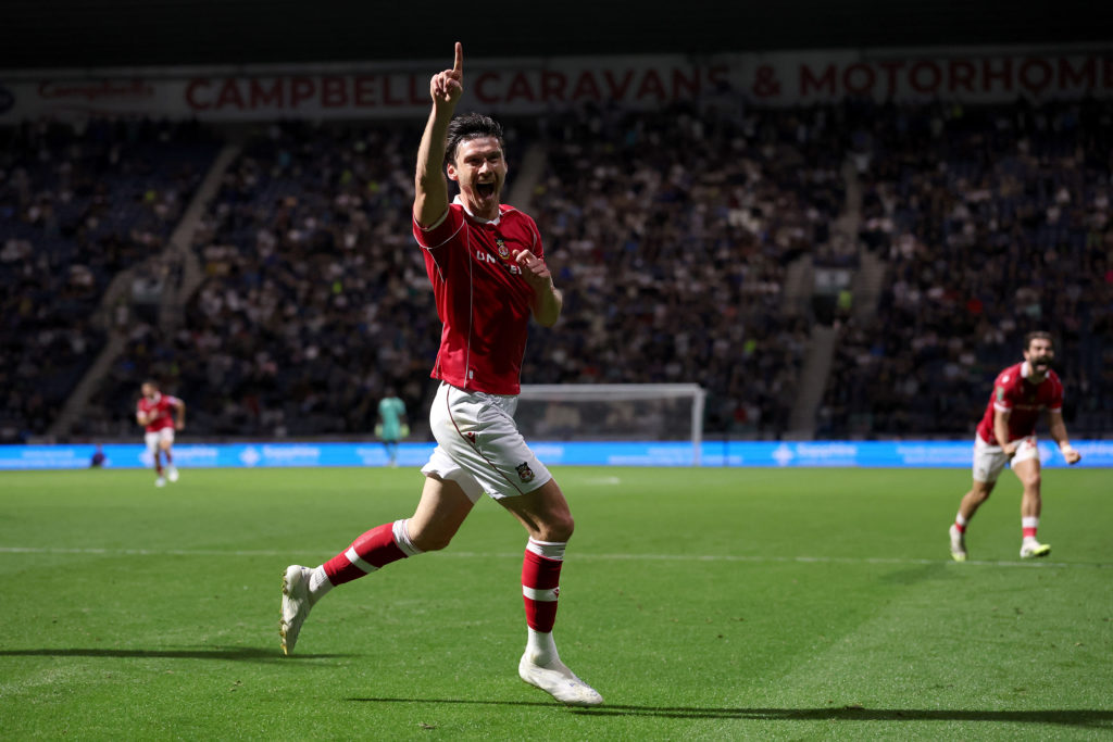 Kieffer Moore celebrates scoring during Preston North End v Wrexham in the Carabao Cup Second Round clash.
