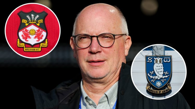 Image of Director Shaun Harvey of Wrexham AFC looks on during the match between Wellington Phoenix and Wrexham, insets of The official club badge o...