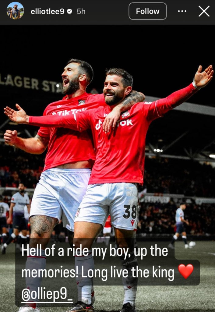 Elliot Lee and Ollie Palmer celebrate. The message reads: “Hell of a ride my boy, up the memories! Long live the king.”