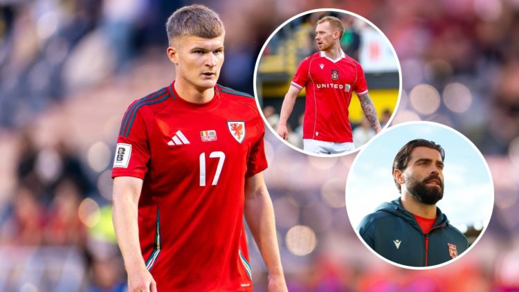 Image of Jordan James of Wales looks on during the FIFA 2026 World Cup Qualifier match between Belgium and Wales, insets of Elliot Lee of Wrexham A...