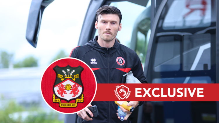 Sheffield United striker Kieffer Moore. Inset, Wrexham badge. Overlaid, exclusive branding.