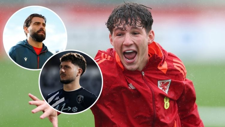 Image of Lewis Koumas of Wales shouts during a Wales training session at Vale Resort, insets of Elliot Lee of Wrexham AFC looks on during the match...