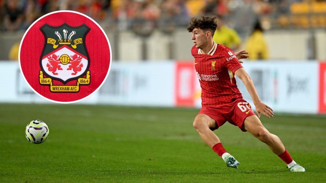 Image of Lewis Koumas of Liverpool during the pre-season friendly match between Liverpool FC and Real Betis, inset of The official club badge of Wr...