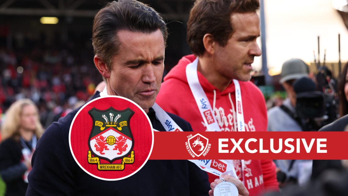 Ryan Reynolds and Rob Mac after Wrexham vs Charlton Athletic. The official club badge of Wrexham AFC on a home shirt