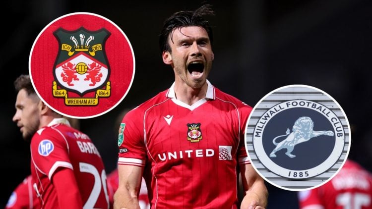 Image of Kieffer Moore of Wrexham celebrates scoring his team's third goal during the Carabao Cup Second Round match between Preston North End and ...