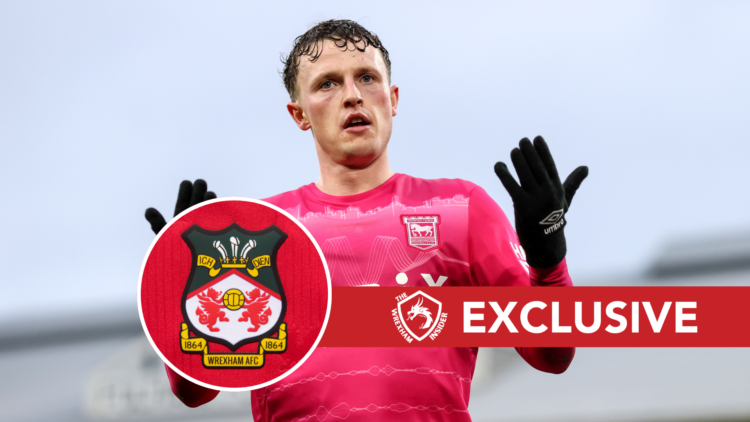 Nathan Broadhead playing for Ipswich Town. Inset, Wrexham badge. Overlaid, exclusive branding.