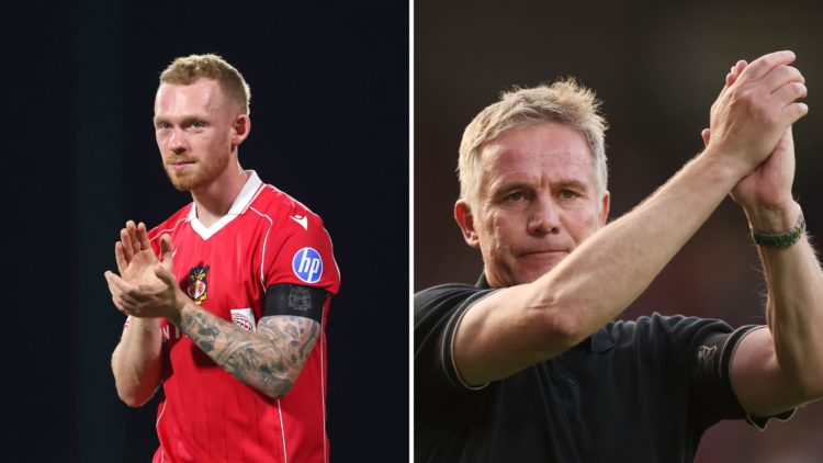 Split Image of Lewis O'Brien of Wrexham applauds the fans after the team's victory in the Carabao Cup first round match between Wrexham and Hull, P...